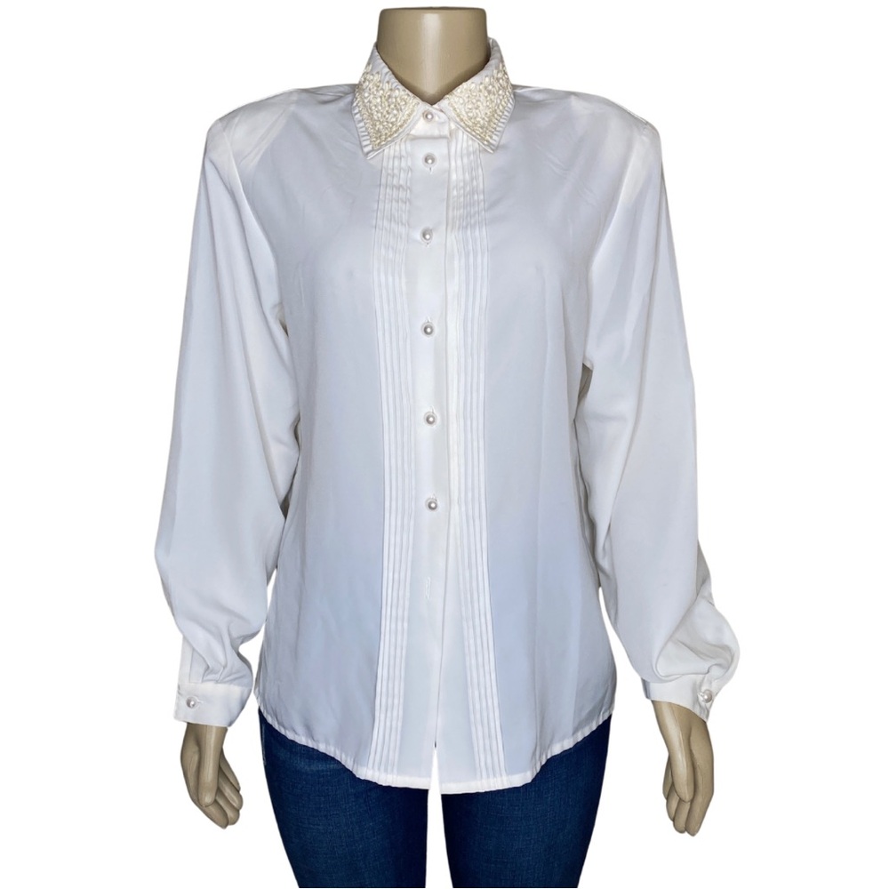 Vintage Ivory Cream Pleated Pearl Button Down Victorian Blouse Cottage Core (10)
